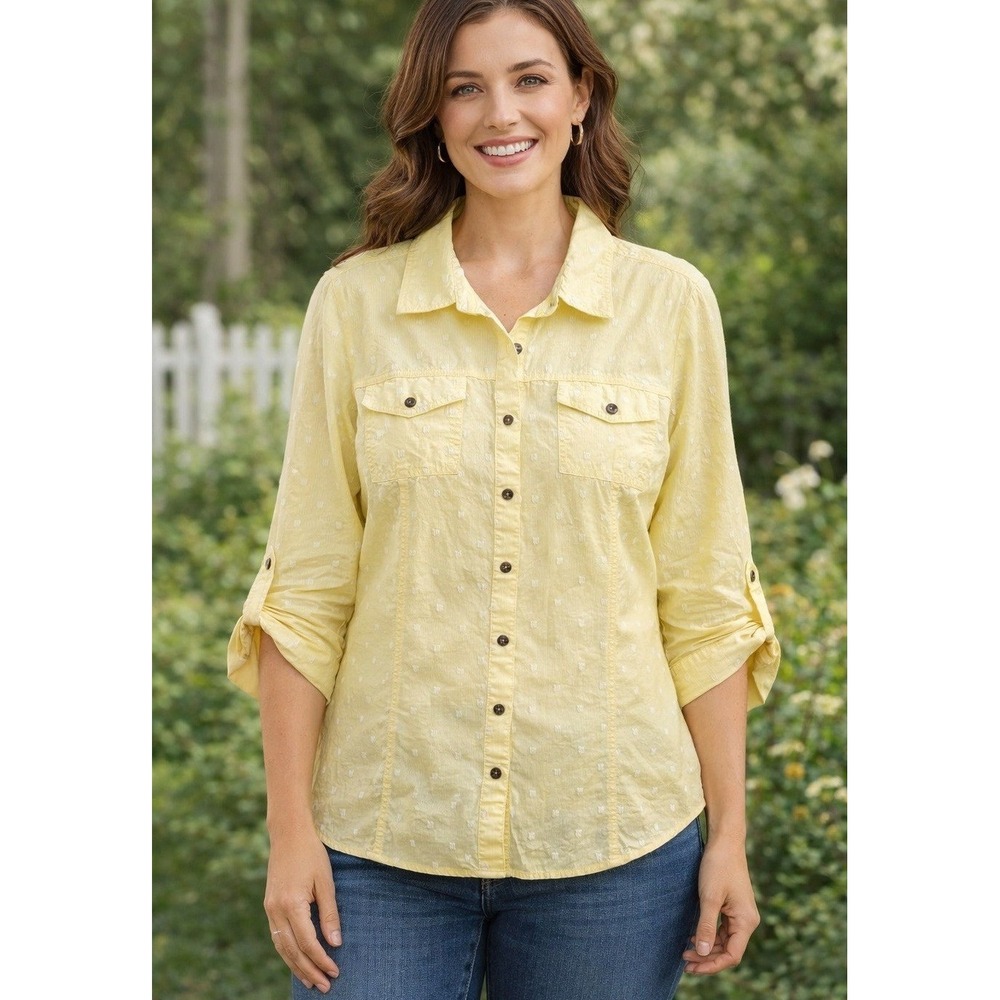 CJ Banks Shirt Women's Plus 1X Top 3/4 Sleeve Swiss Dot Button Up Yellow Cotton